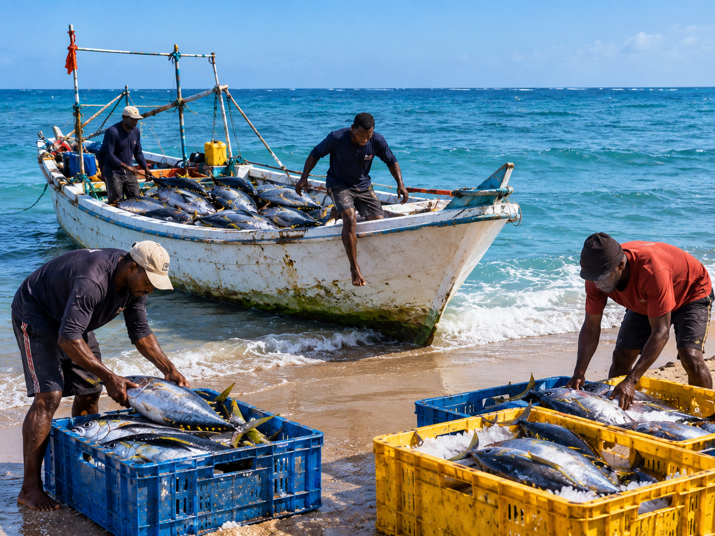 Fishermen landing a catch of yellowfin tuna into crates on the beach