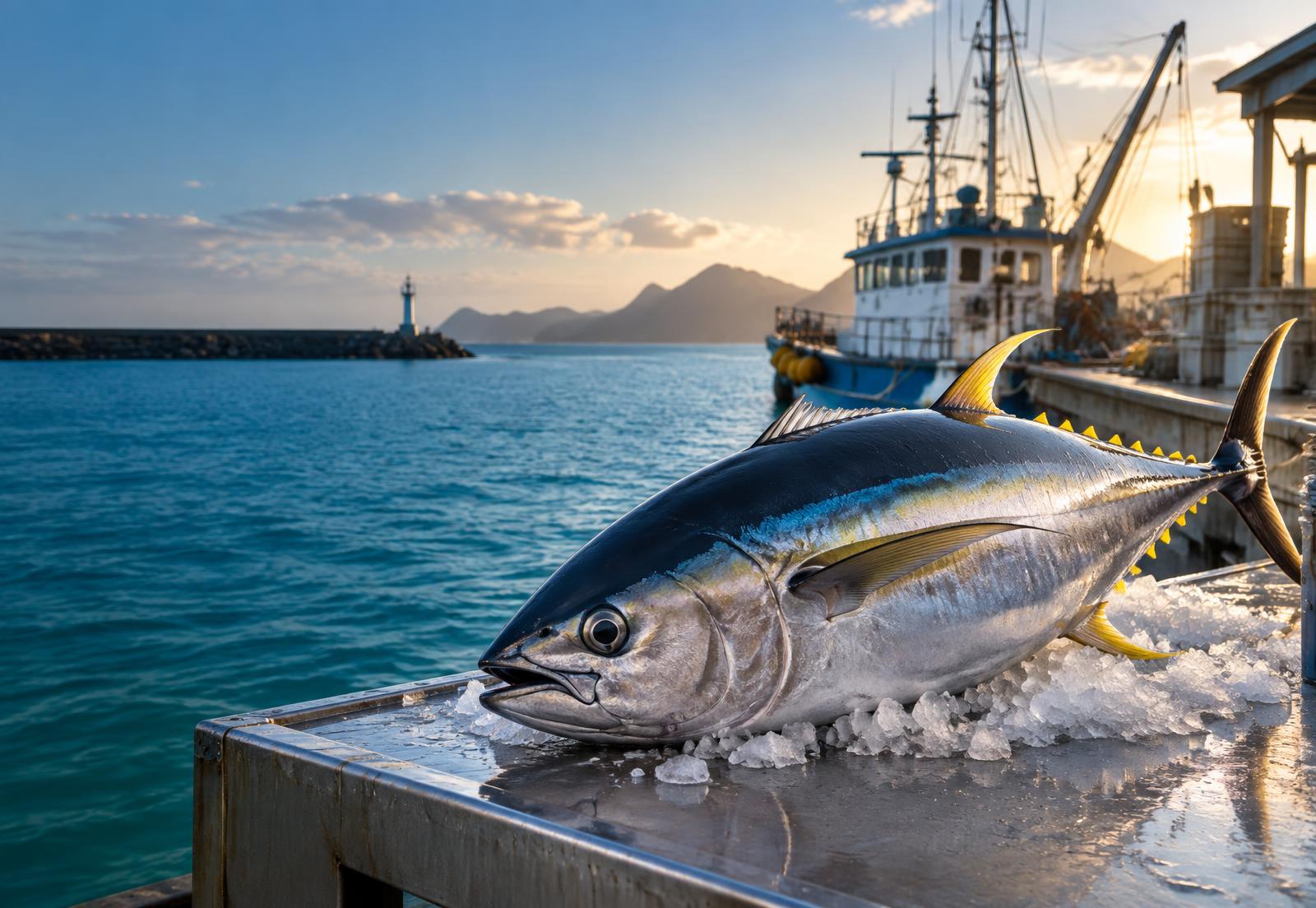 Fresh yellowfin tuna landed at an Indian Ocean harbour